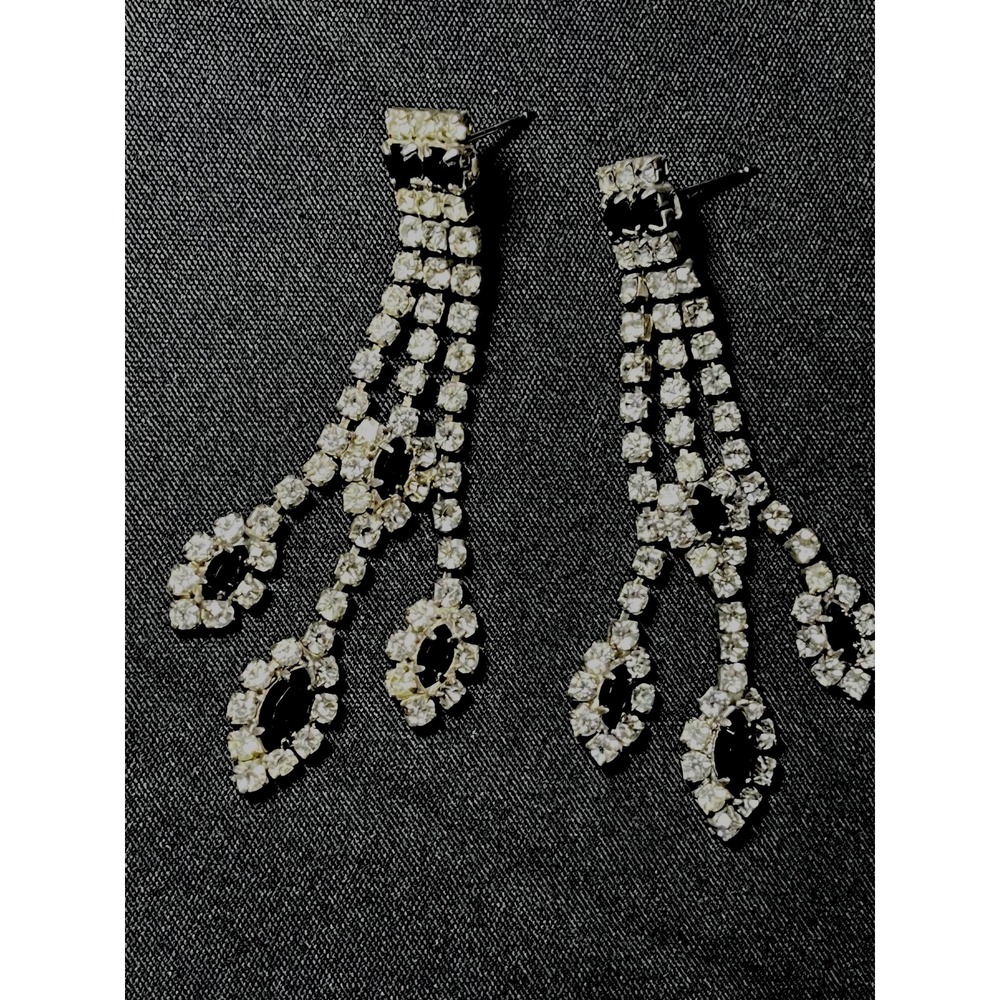 Vintage 1950's dangle drop rhinestone earrings with black onyx accent stones